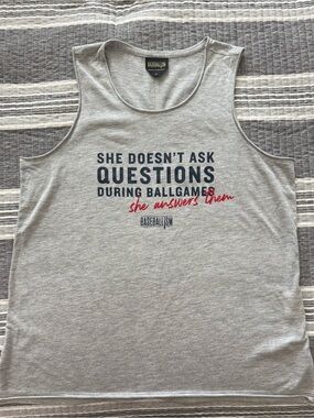 BASEBALLISM Women's Grey Graphic Tank - 'She Doesn't Ask Questions'